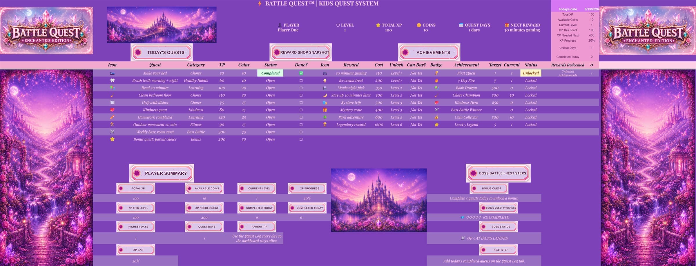 Battle Quest Enchanted Dashboard preview