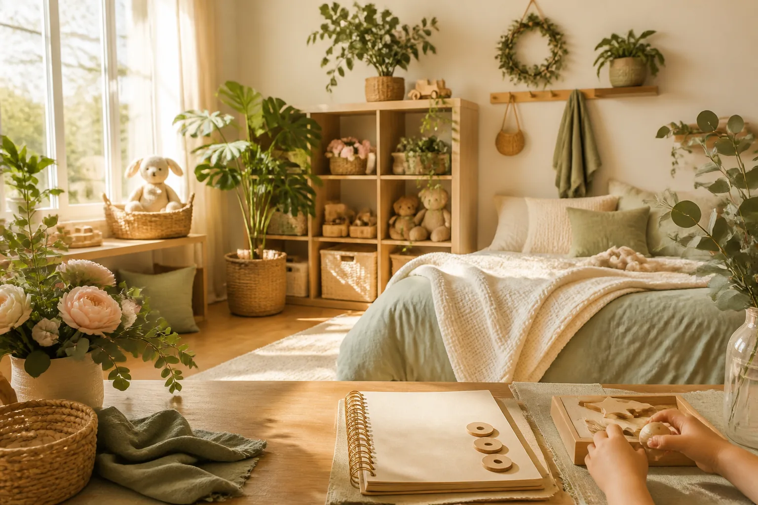 A peaceful sunlit child bedroom with organized toys, botanical greenery, soft bedding, and a journal on a wooden table.